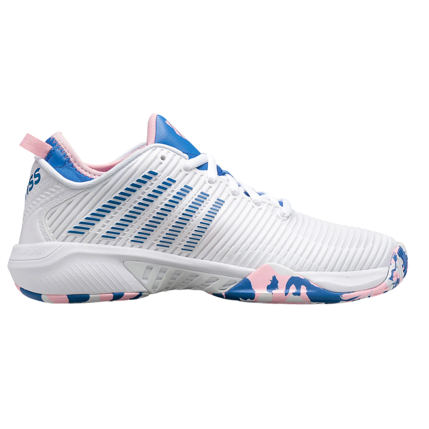 Grippy Tread Ozone Treated Durability K Swiss Hypercourt Supreme  Women Tennis Shoes - White/Star Sapphire/Orchard Pink