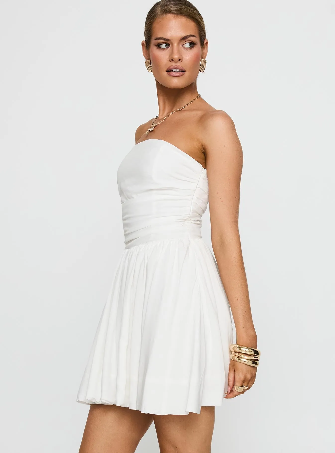 Rashida Strapless Mini Dress White Balloon-Sleeve