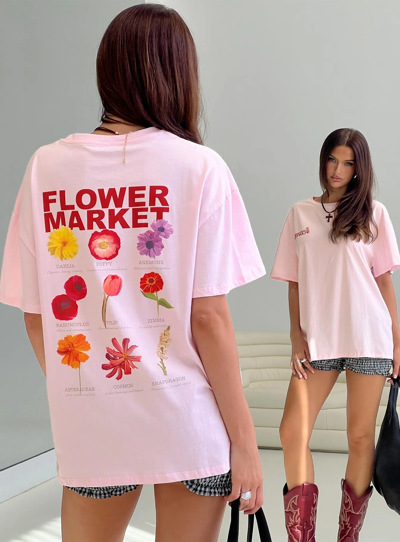 Flower Chart Oversized Tee Pink Quick Release Hem