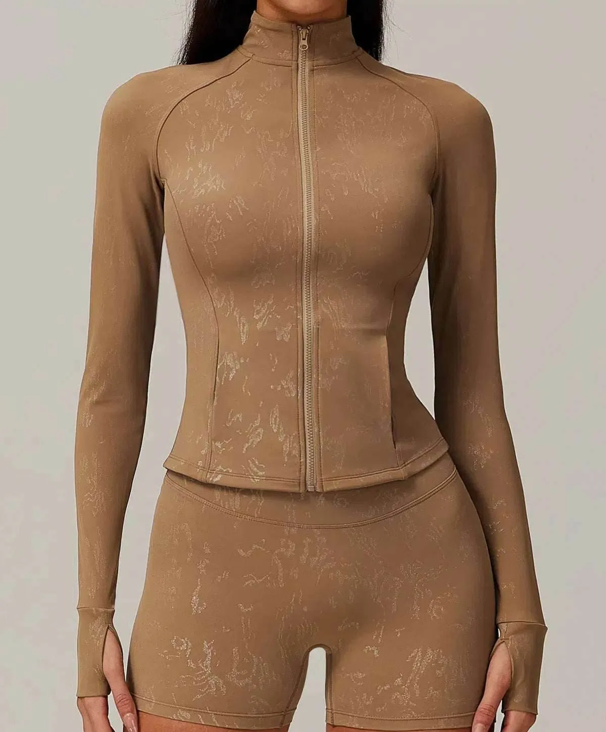 Full Zipper Long Sleeve Yoga Jacket With Gold Blocking Pattern Breezy Comfort