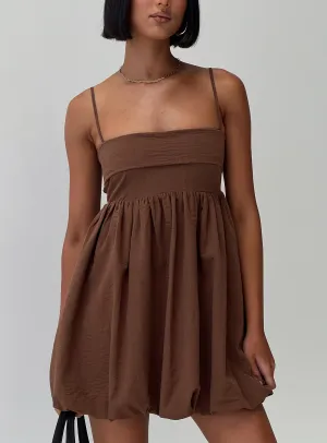 Simplistic Mood Bishop-Sleeve Layken Bubble Hem Mini Dress Chocolate