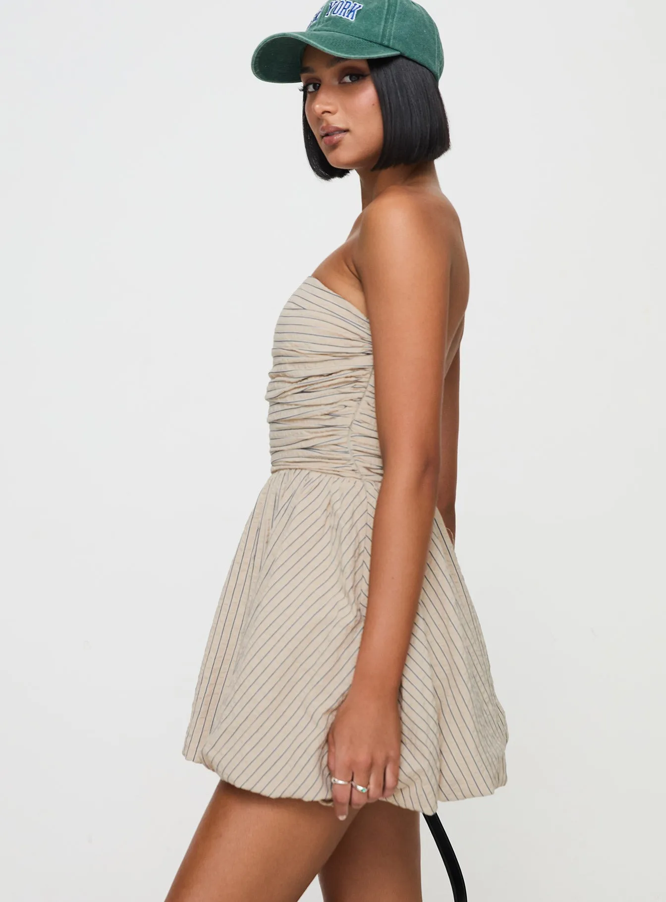 Wedding Style Tall-Fit Quinette Strapless Bubble Hem Mini Dress Beige Stripe