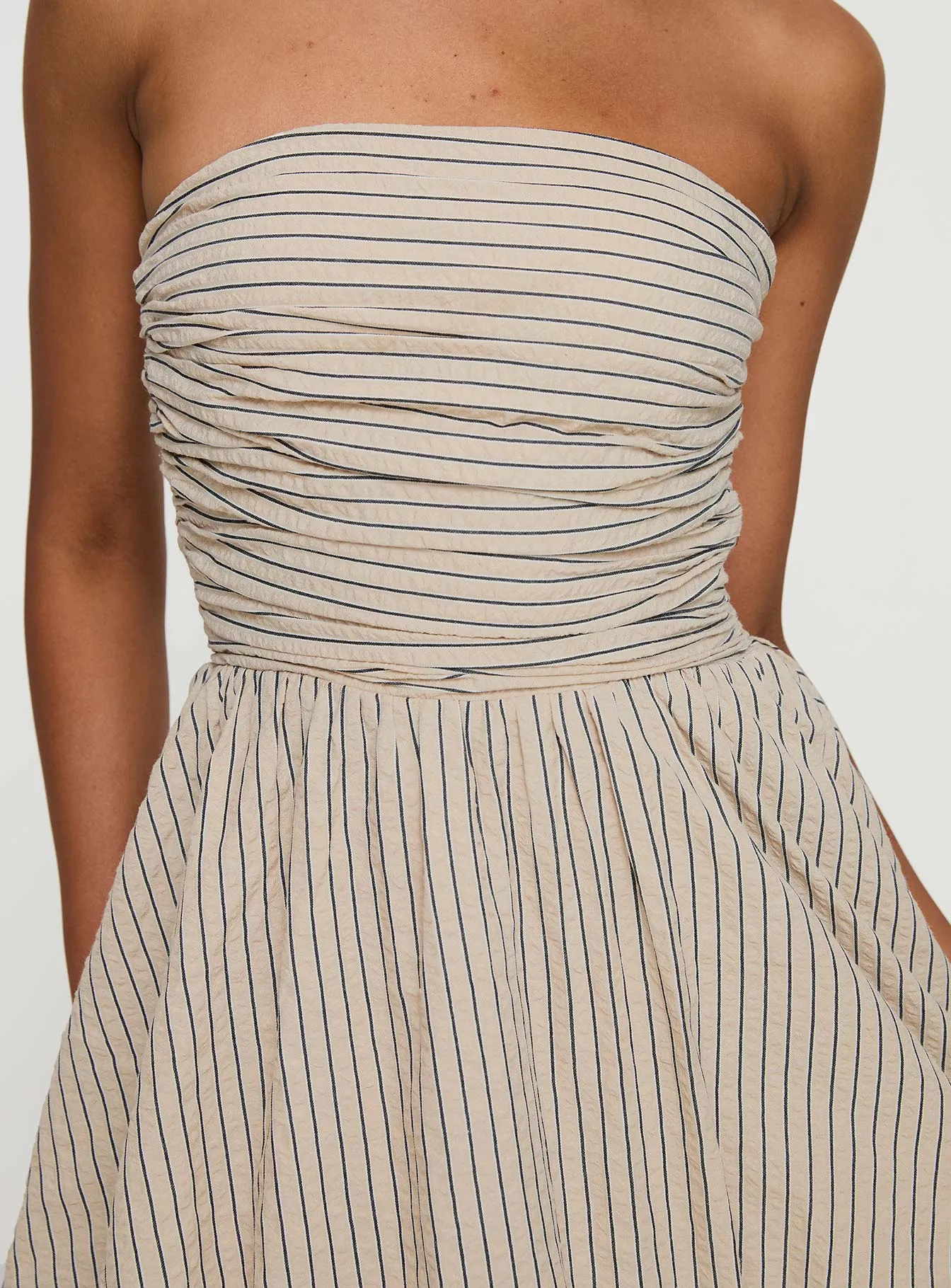 Quinette Strapless Bubble Hem Mini Dress Beige Stripe Mood Edge