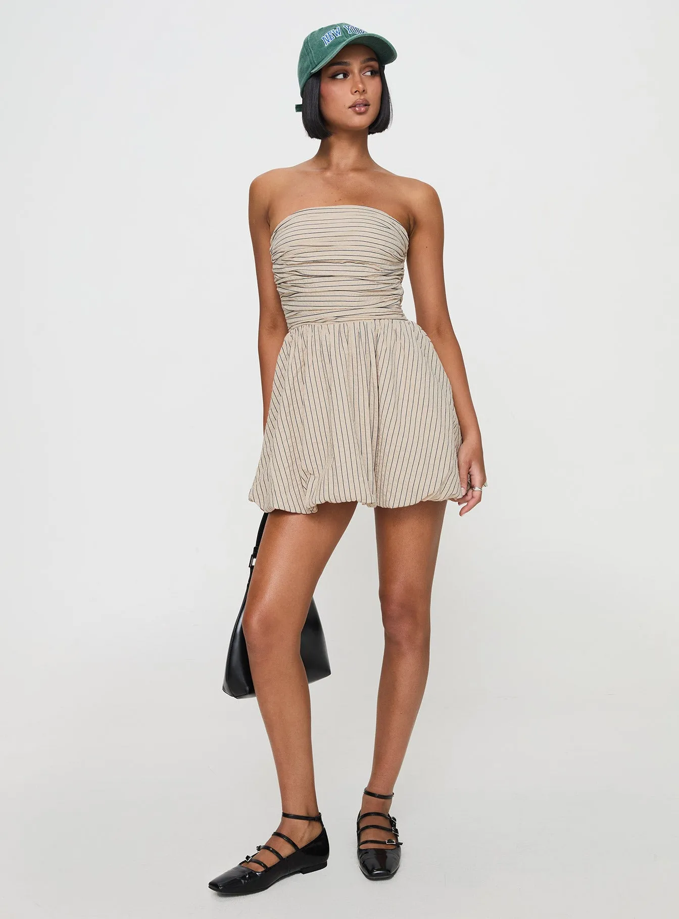 Quinette Strapless Bubble Hem Mini Dress Beige Stripe NoiseFreeFabric Effortless Look