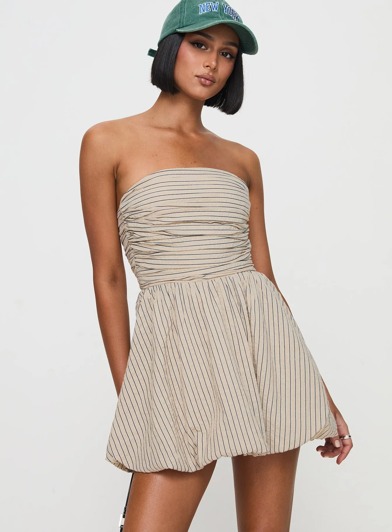 Quinette Strapless Bubble Hem Mini Dress Beige Stripe ConvertibleNeckline Date Ready