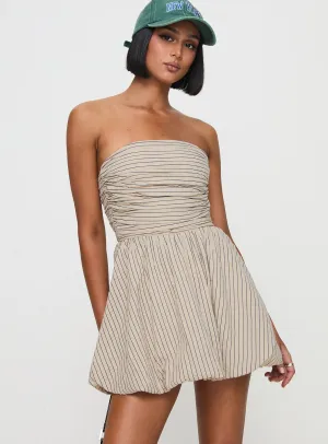 Quinette Strapless Bubble Hem Mini Dress Beige Stripe ConvertibleNeckline Date Ready