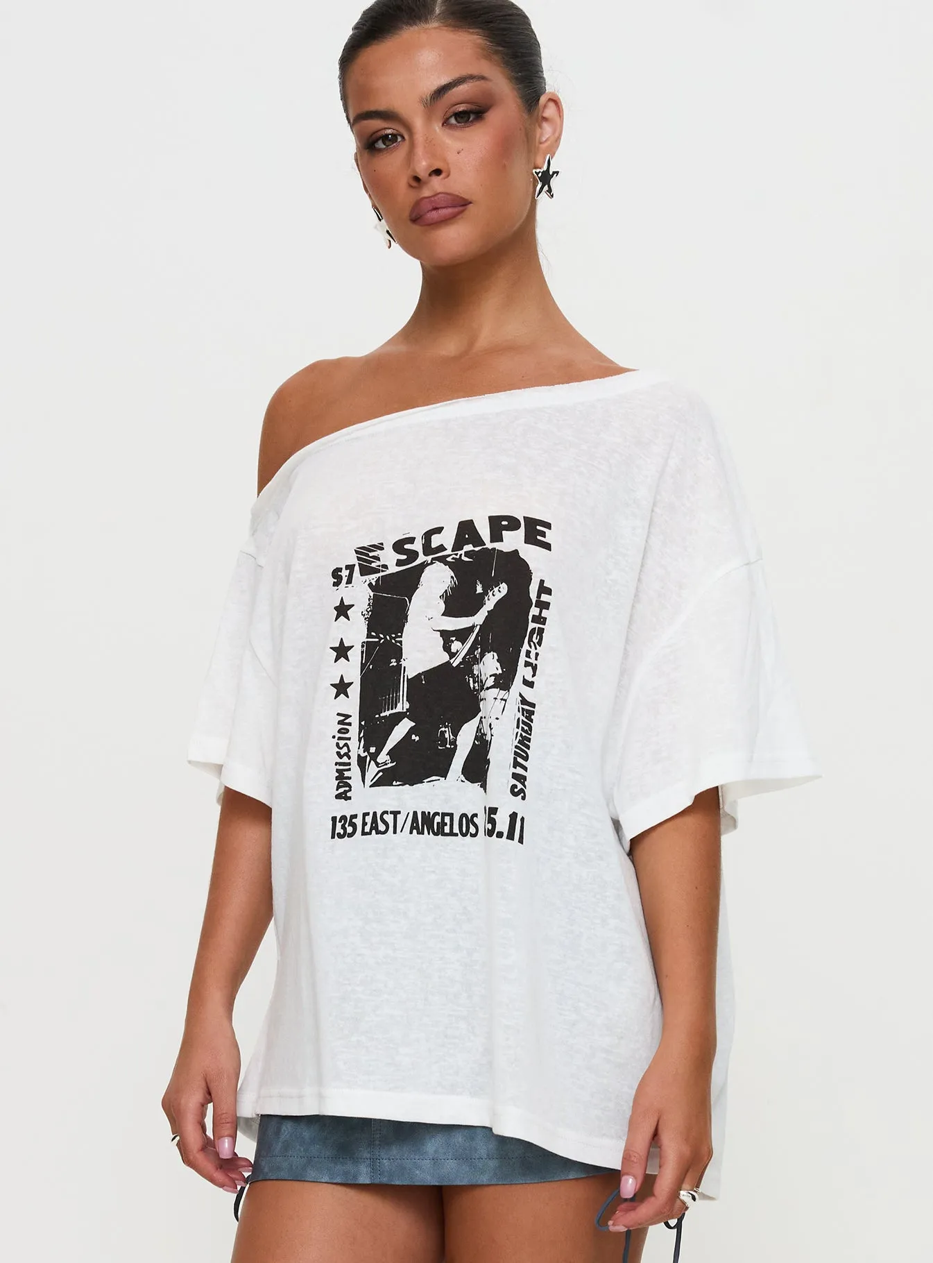 Kippa Off The Shoulder Tee White Subtle Logo Placement