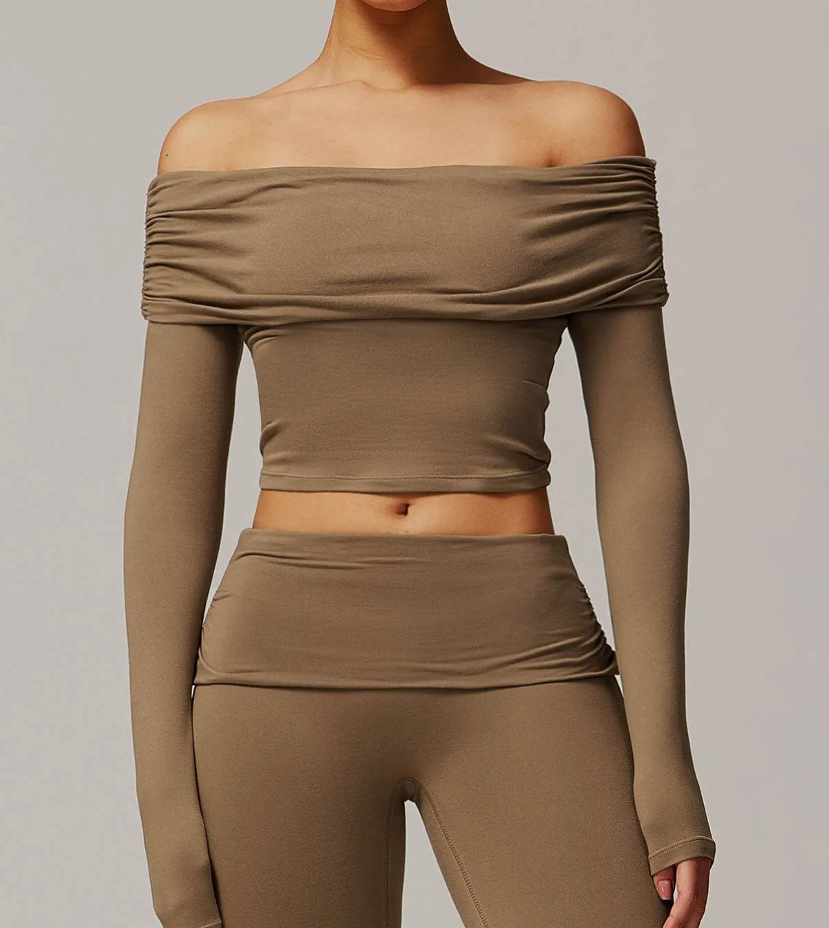 Winter Protection Compression Fit Long Sleeve Shirts Off Shoulder Sports Crop Tops