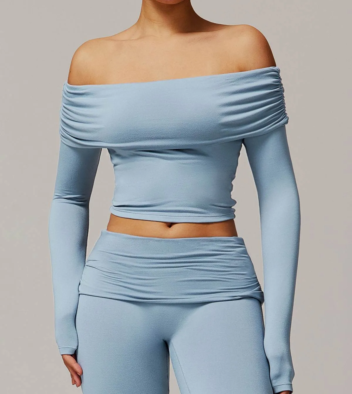 Long Sleeve Shirts Off Shoulder Sports Crop Tops Bio Glow VentilatedMesh