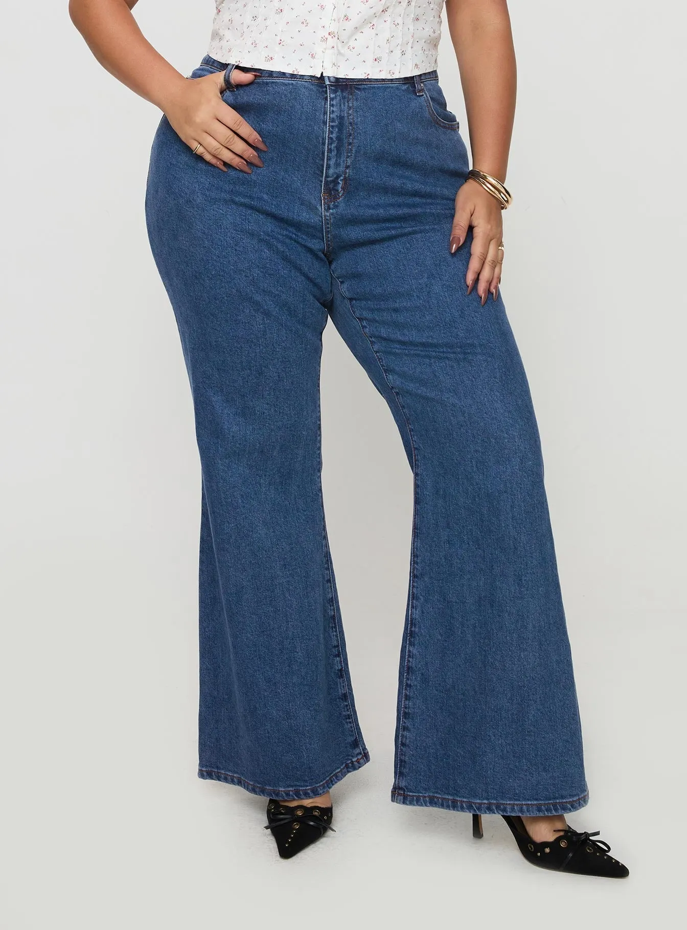 Lucille High Rise Flared Jeans Mid Wash Curve Pearl Tone QuickPackable Design