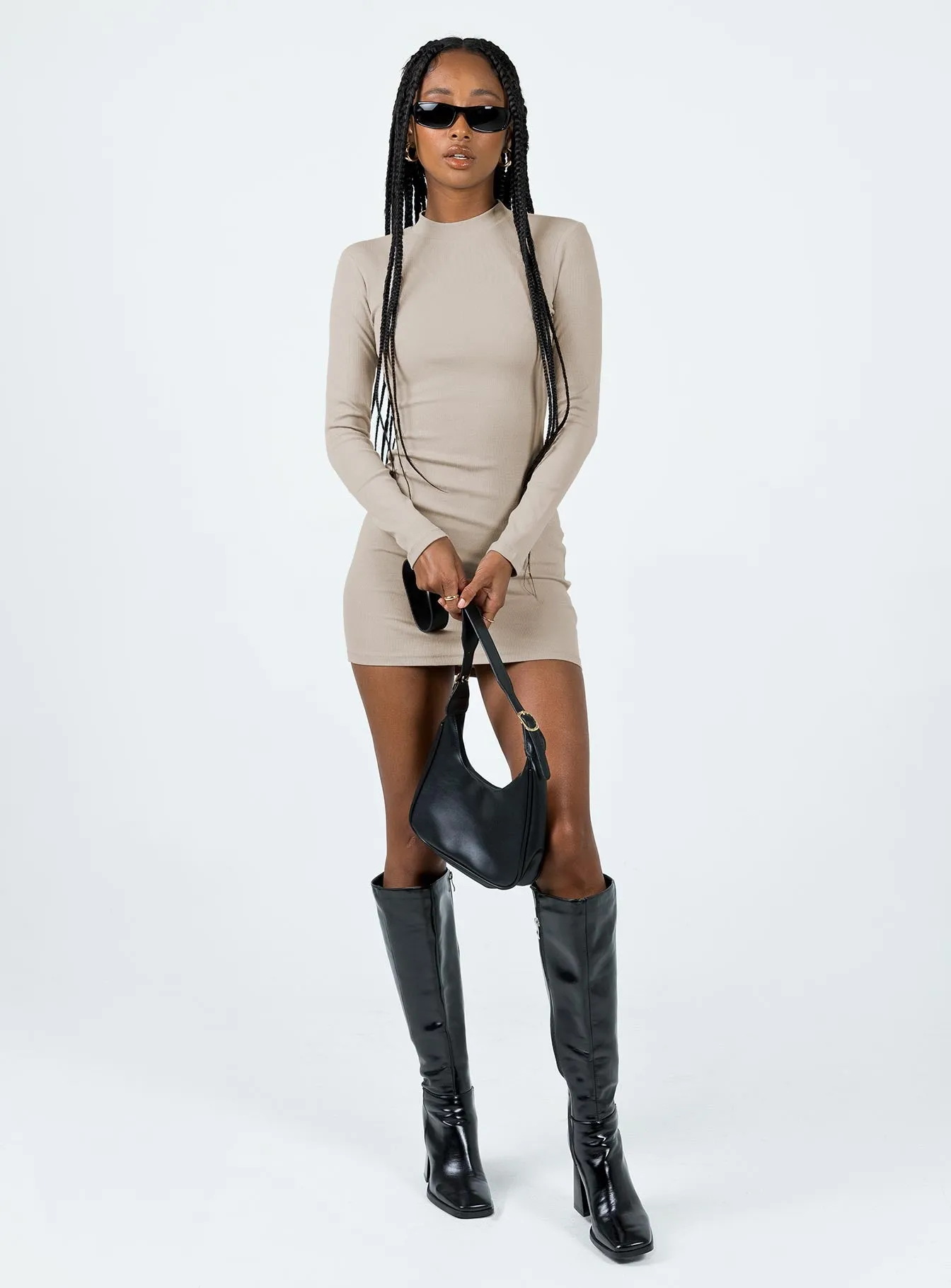 Diani Long Sleeve Mini Dress Beige Body Fit