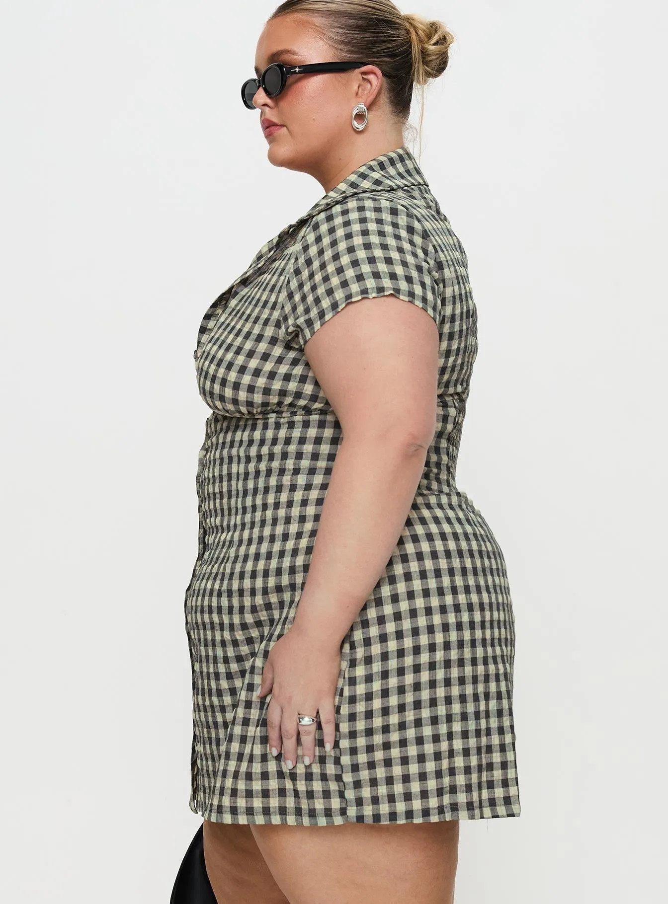 Modern Waist Design Motley Mini Dress Brown Check Curve