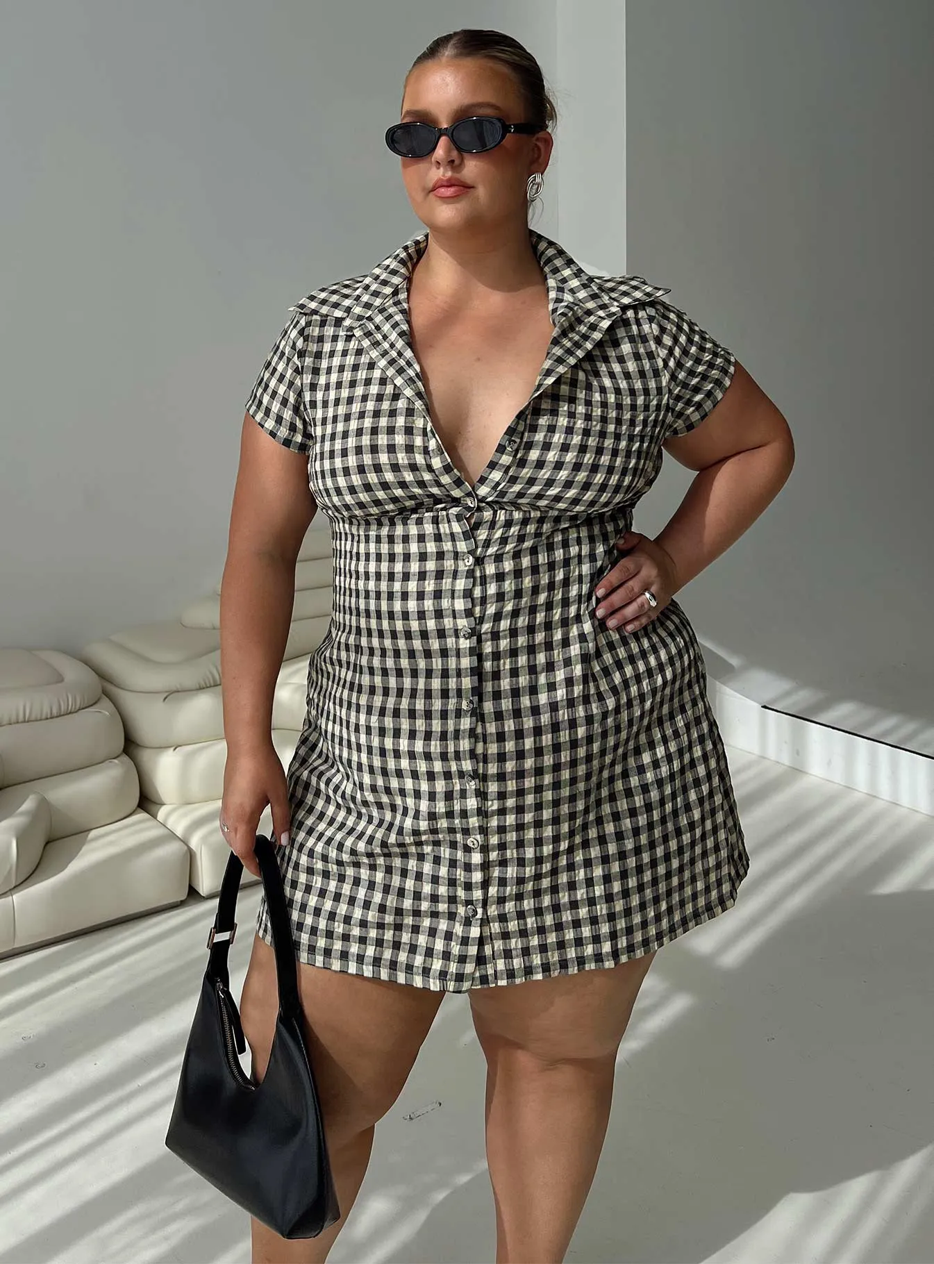 Motley Mini Dress Brown Check Curve wrap waist Premium Quality