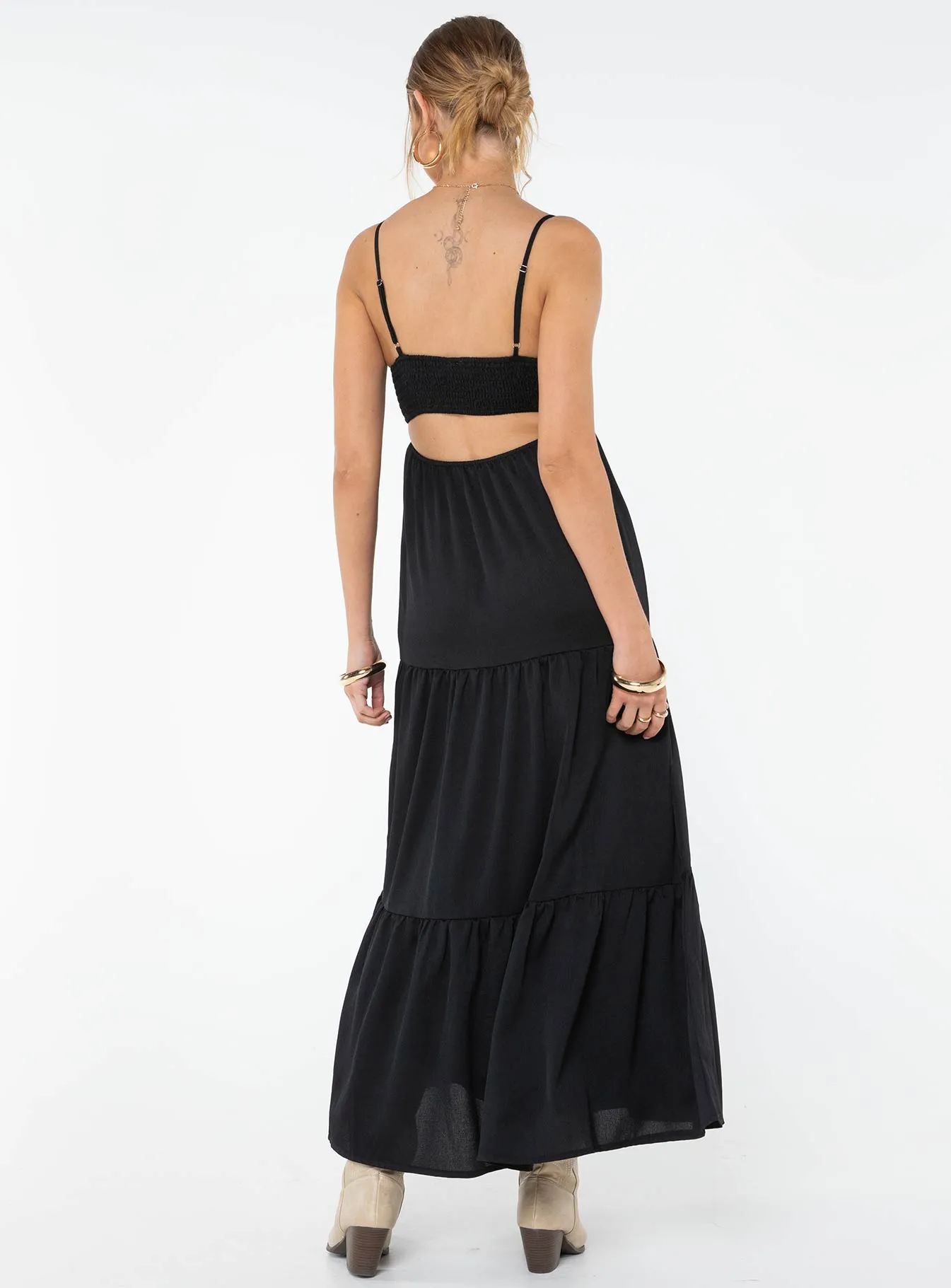 Dunster Maxi Dress Black Tiered Skirt Trend Texture