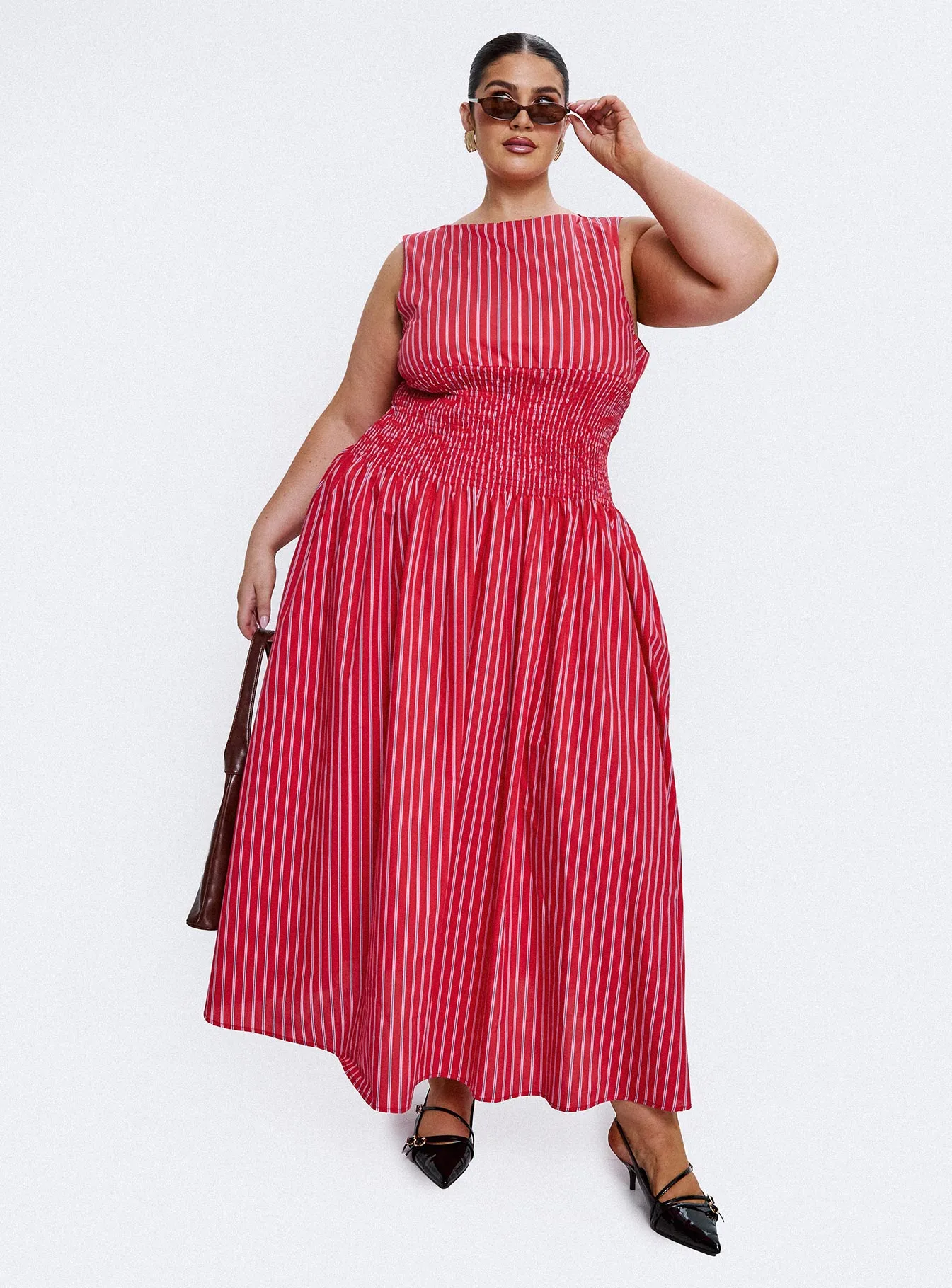 Comfortable casual dress Mixed Fabric Lilienne Cotton Poplin Maxi Dress Red Stripe Curve