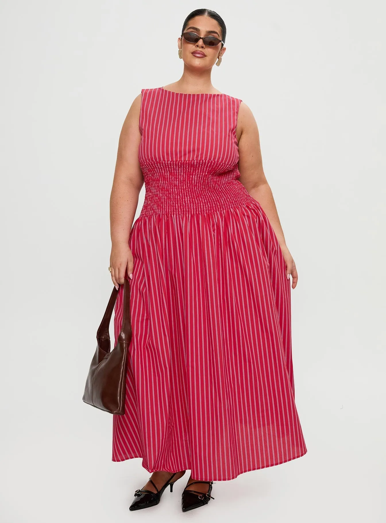 Lilienne Cotton Poplin Maxi Dress Red Stripe Curve Flexible Cut