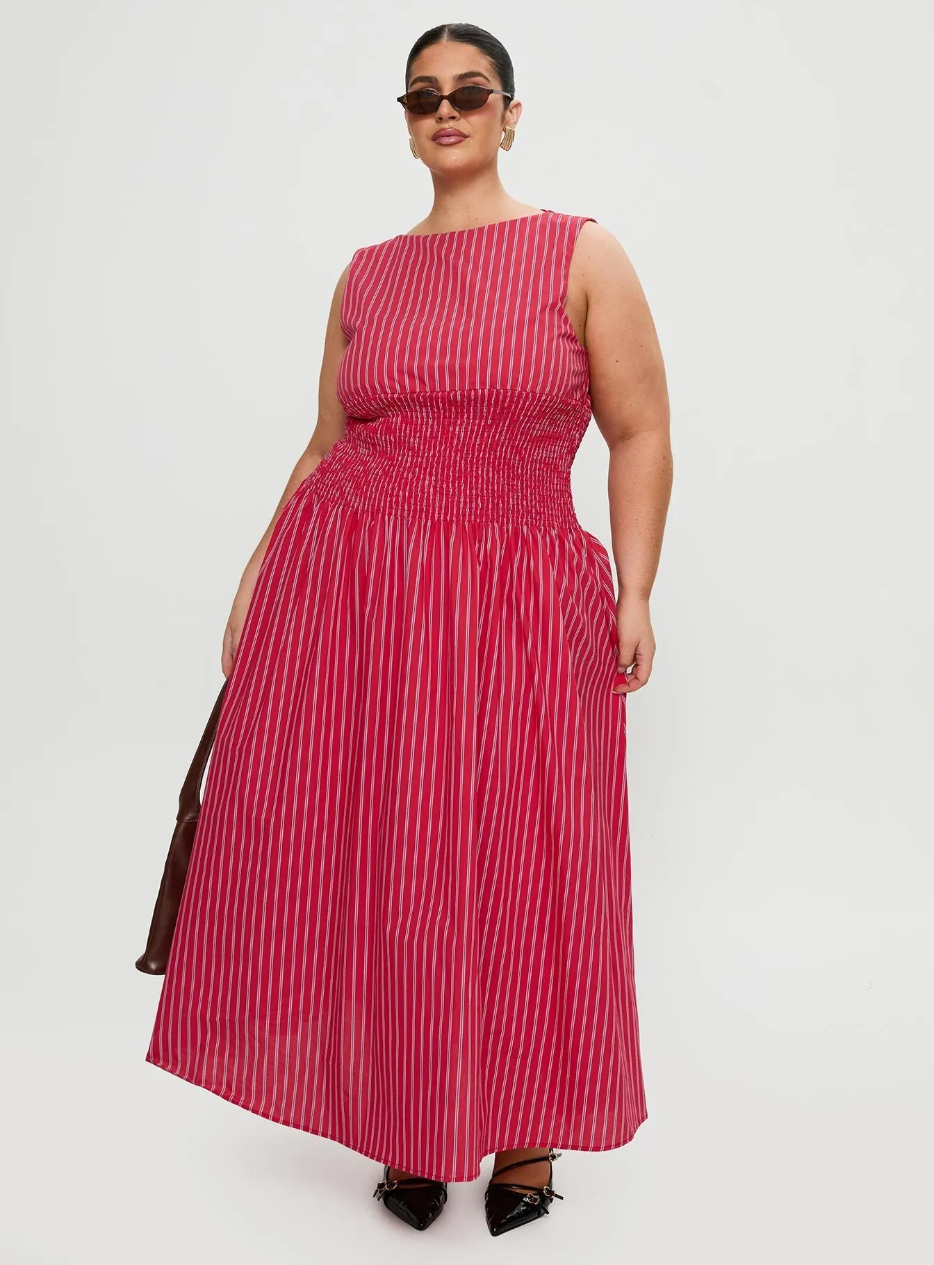 Soft-touch daywear Delicate Finish Lilienne Cotton Poplin Maxi Dress Red Stripe Curve