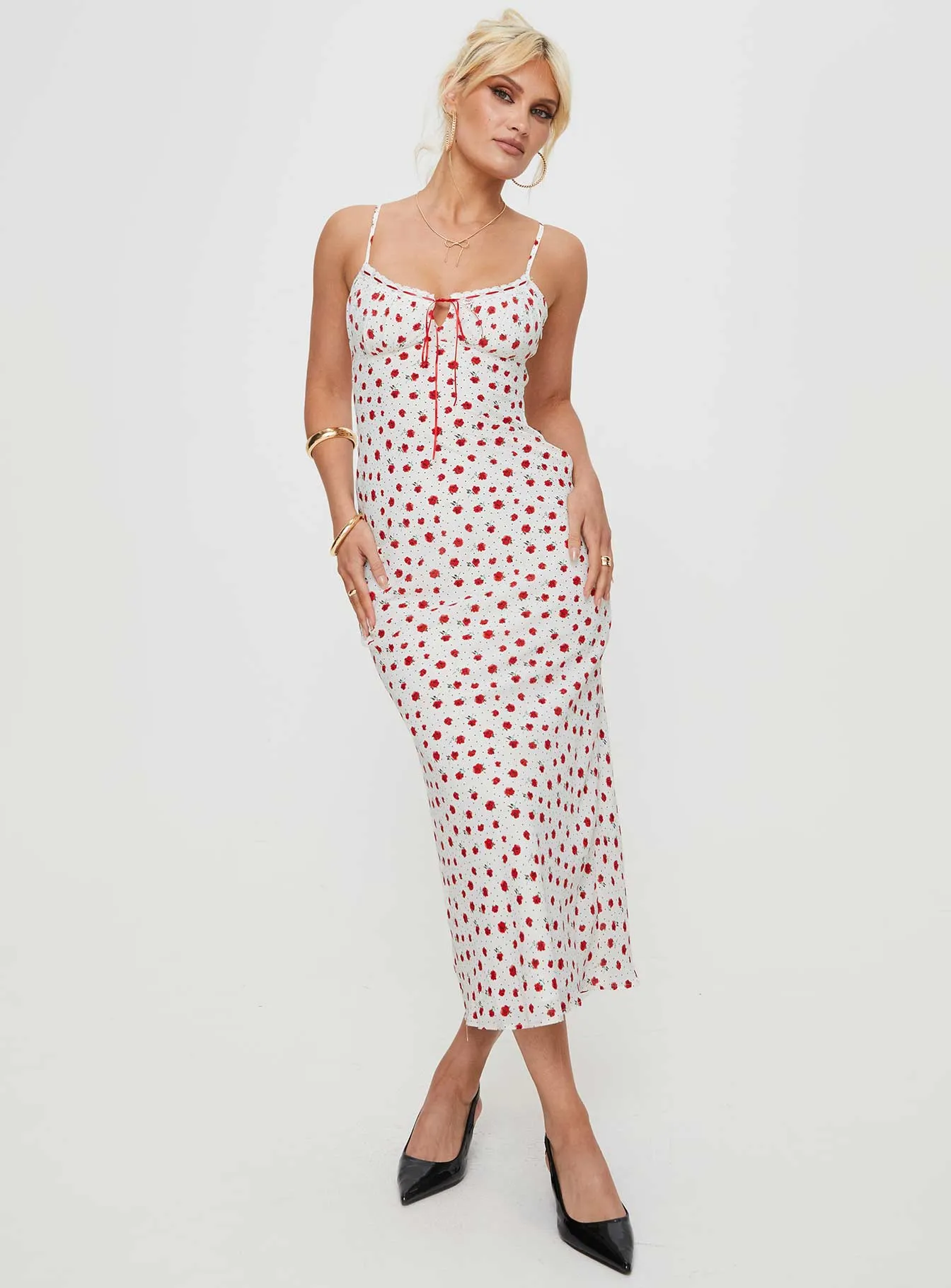 Caldwell Maxi Dress White / Red Edgy Layers Bow-Detail