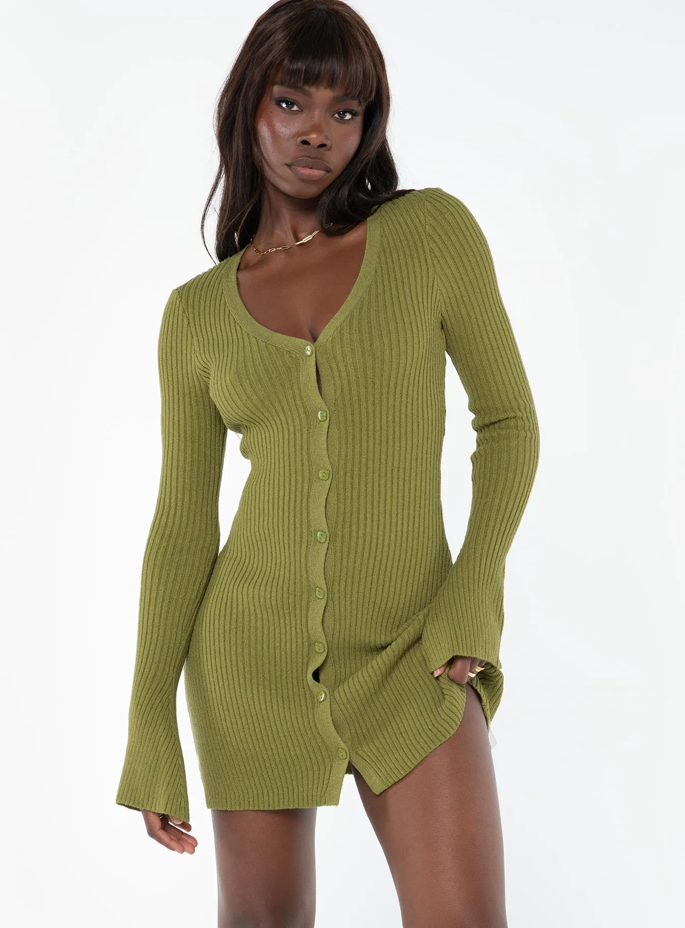 Waldin Long Sleeve Mini Dress Olive Maternity-Fit Relaxed day dress