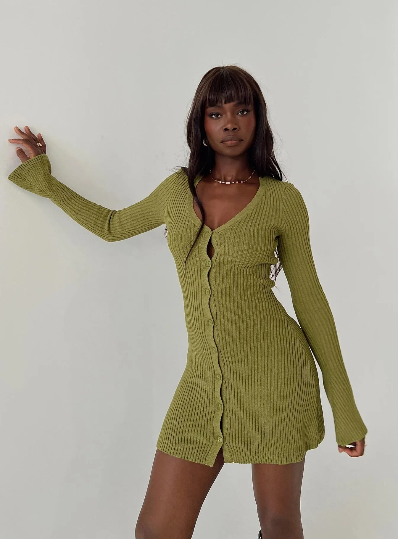 Patterned-Fabric Waldin Long Sleeve Mini Dress Olive