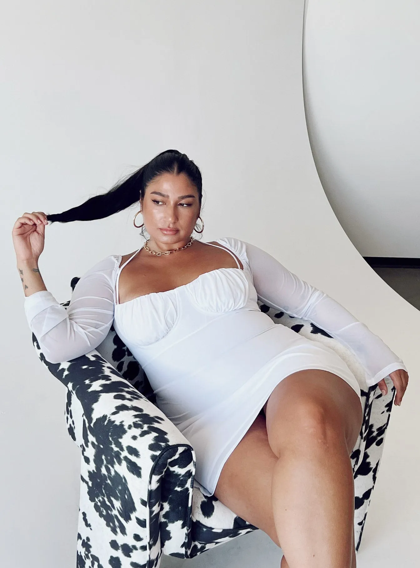 Casual Pick Light Fabric Dyer Sheer Sleeve Mini Dress White Curve