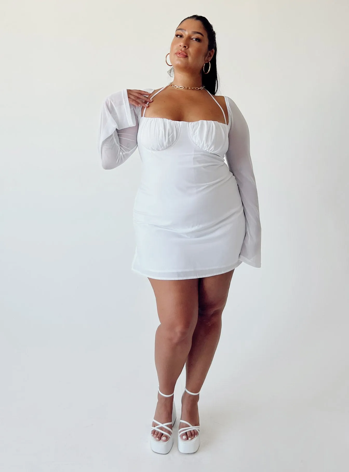 Casual Style Dyer Sheer Sleeve Mini Dress White Curve