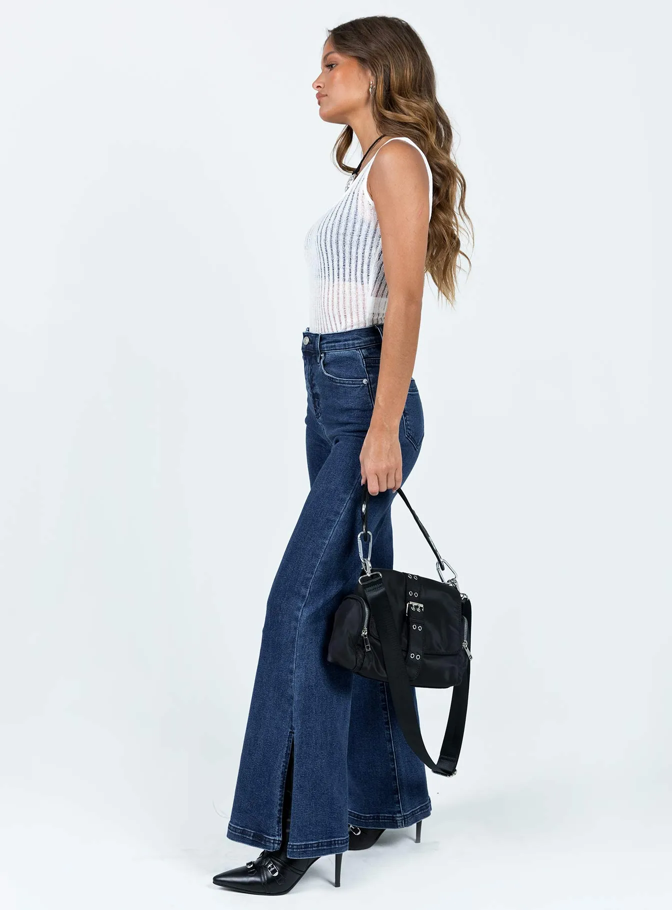 Nairana Split Hem Jeans Dark Wash Denim Sporty Jacket NonSlip Grips