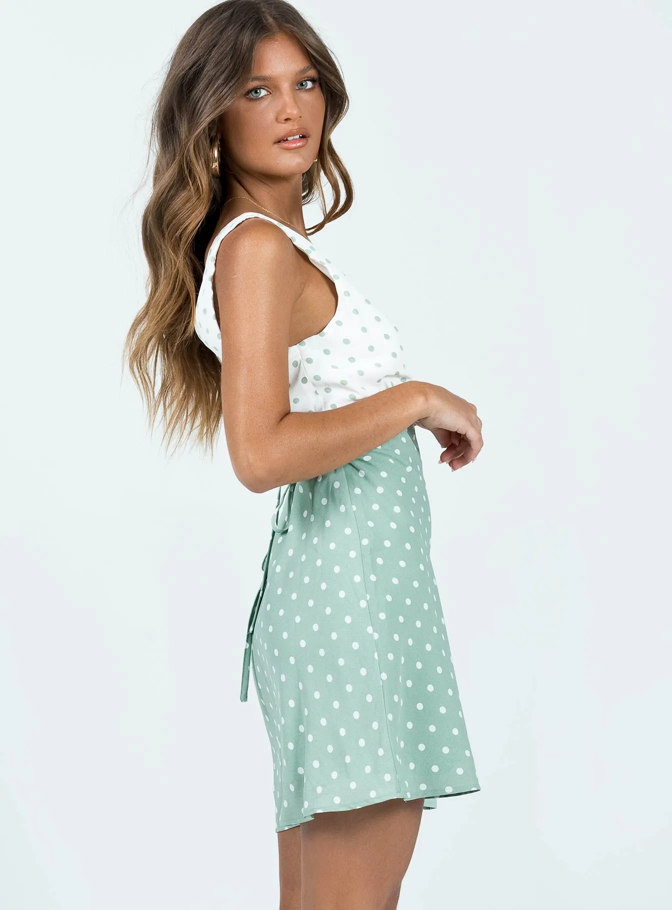 Linen Vibe Modern Layering Nellie Mini Dress Mint Polka Dot