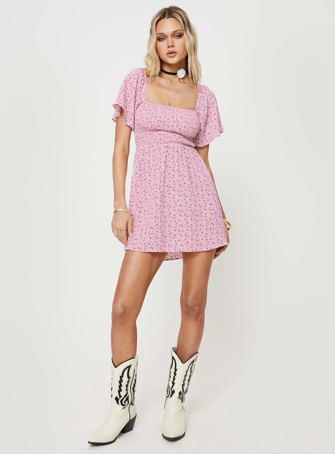 Summer Nights Mini Dress Pink Floral Short Sleeve