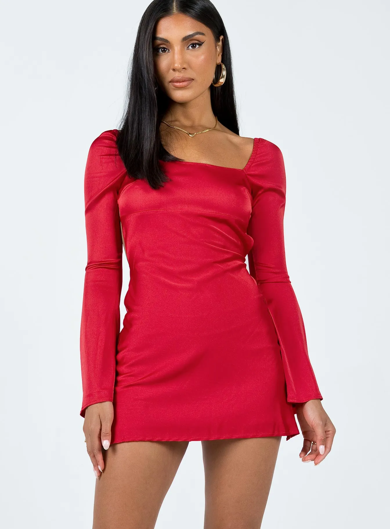 Beresford Long Sleeve Mini Dress Red Stud-Detail Sophisticated Cut