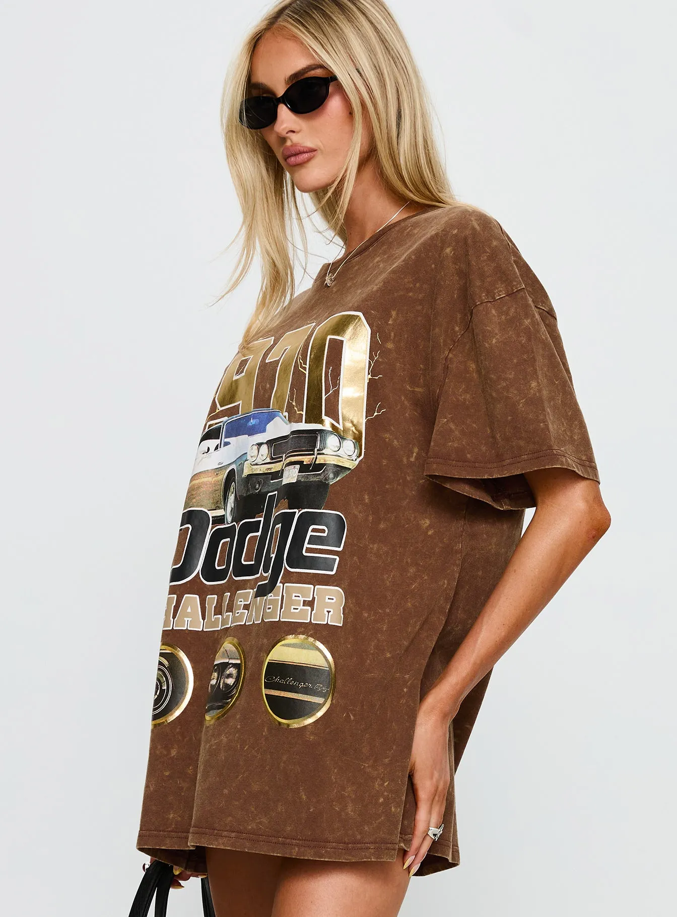 Heather Jersey Material 1970 Dodge Charger Oversied Graphic Top Brown