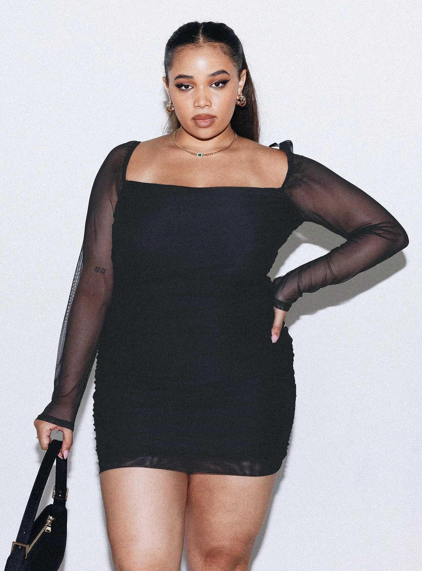 Charvi Long Sleeve Mini Dress Black Curve Cool Draping Smart Layers