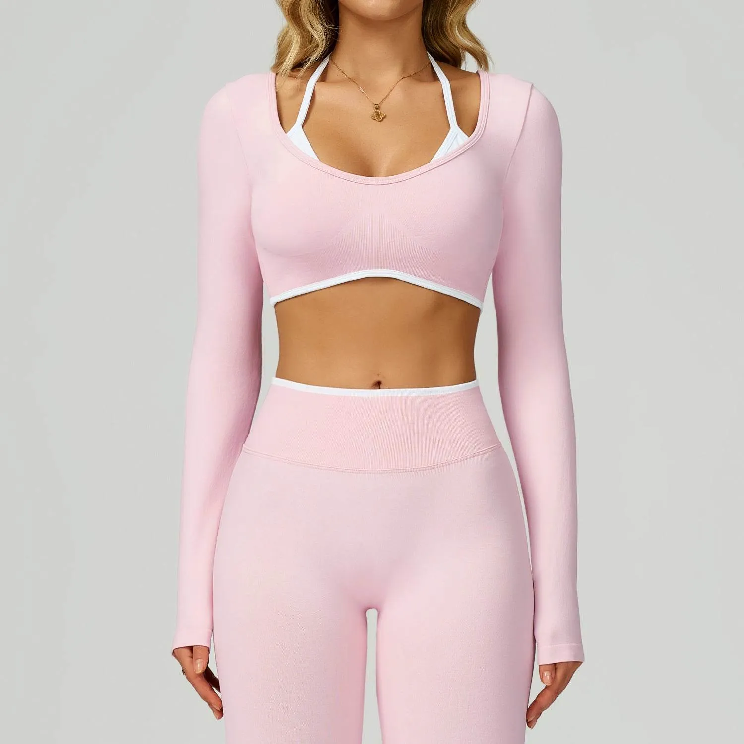 Backless Long Sleeve Workout Crop Top Gym Shirt with Halter Comfortable Shoes
