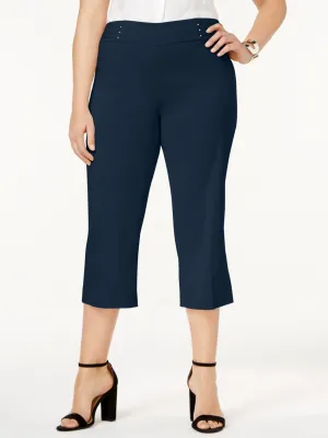 Women's Plain Capri Pants,Dark Blue Embroidered Detail