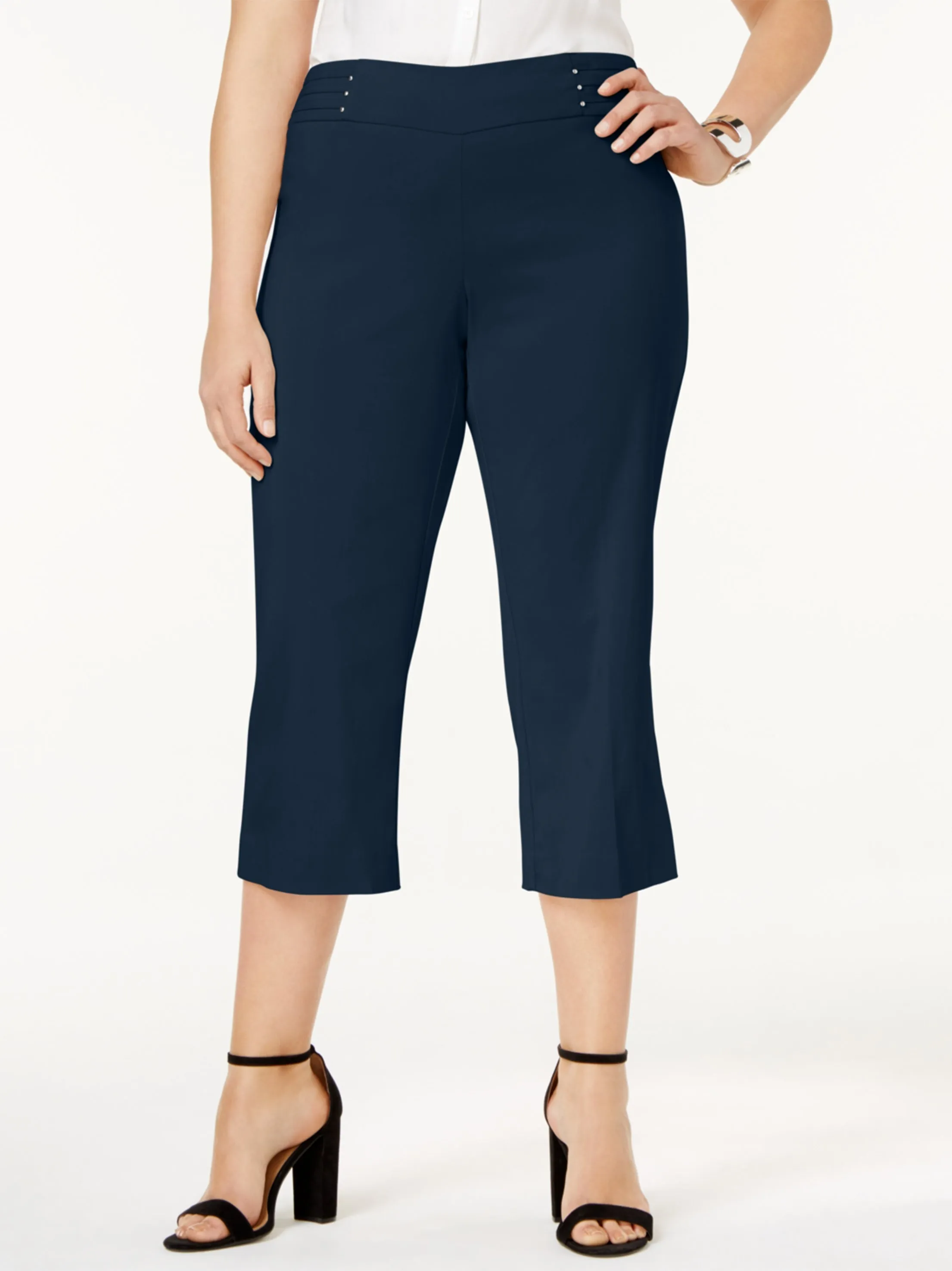 Women's Plain Capri Pants,Dark Blue Embroidered Detail