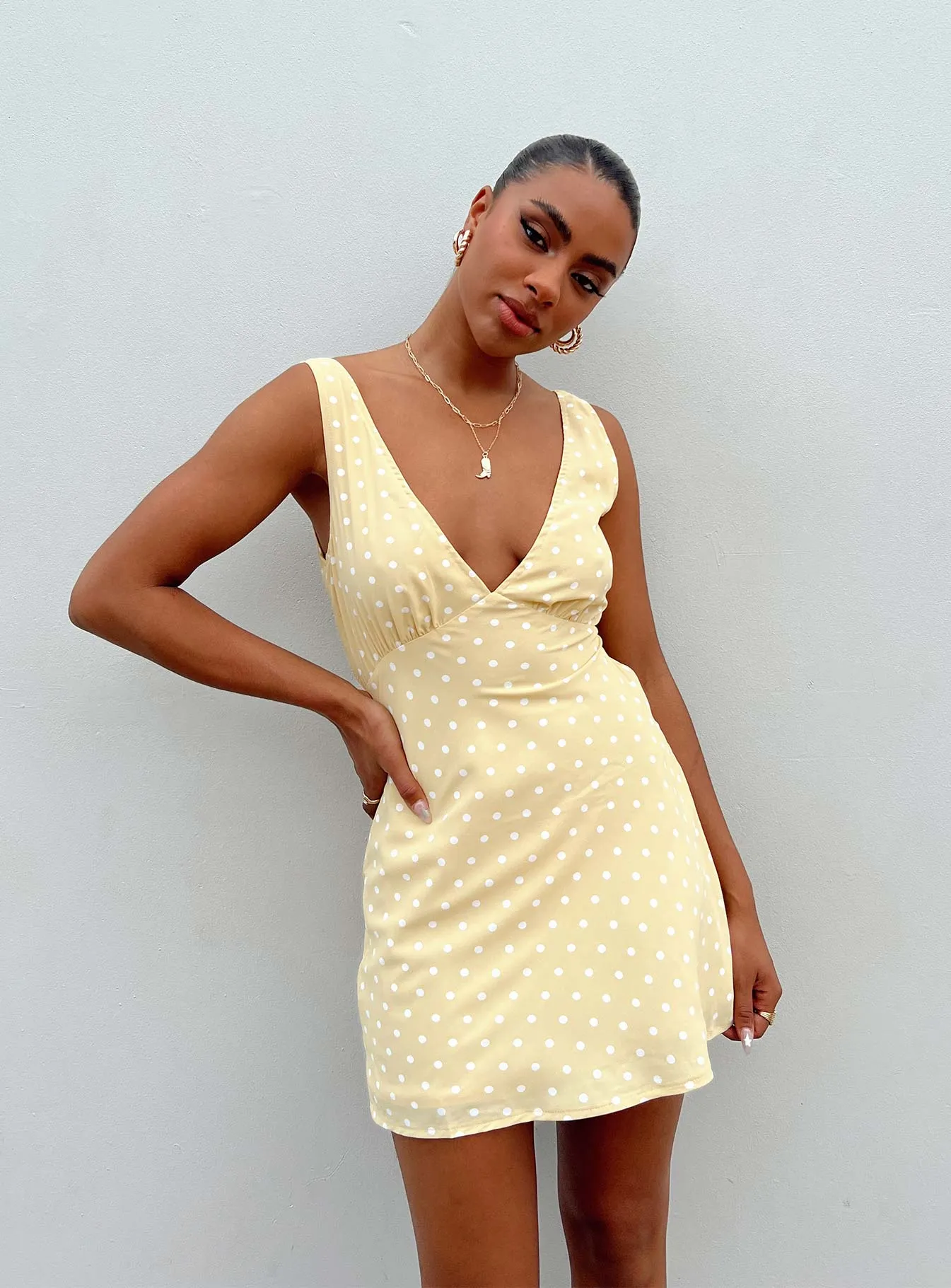 Drapey Fabric Chic Vibe Nellie Mini Dress Yellow Polka Dot