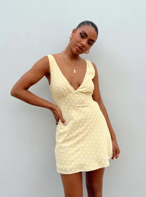 Drapey Fabric Chic Vibe Nellie Mini Dress Yellow Polka Dot