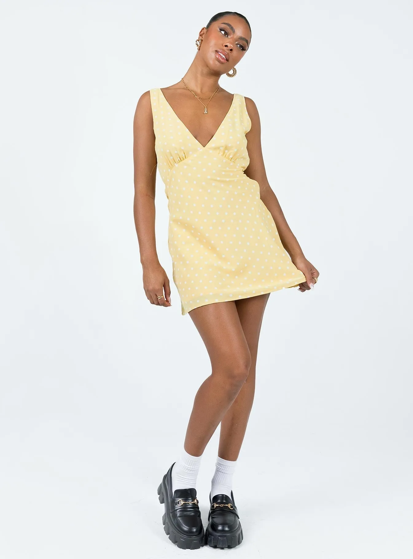 Nellie Mini Dress Yellow Polka Dot Waist-Cinching Versatile Comfort Wear