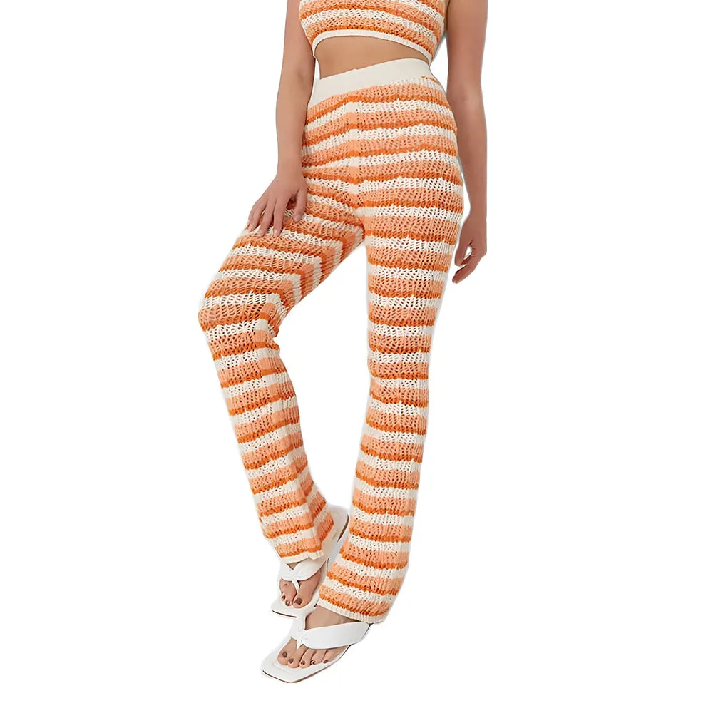 Women's Crochet Striped Pant,Beige/Orange Comfort waistband FlexibleKnees