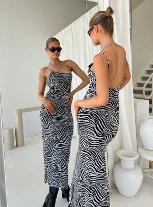 Soft Hue Satin Fabric Knox Maxi Dress Zebra