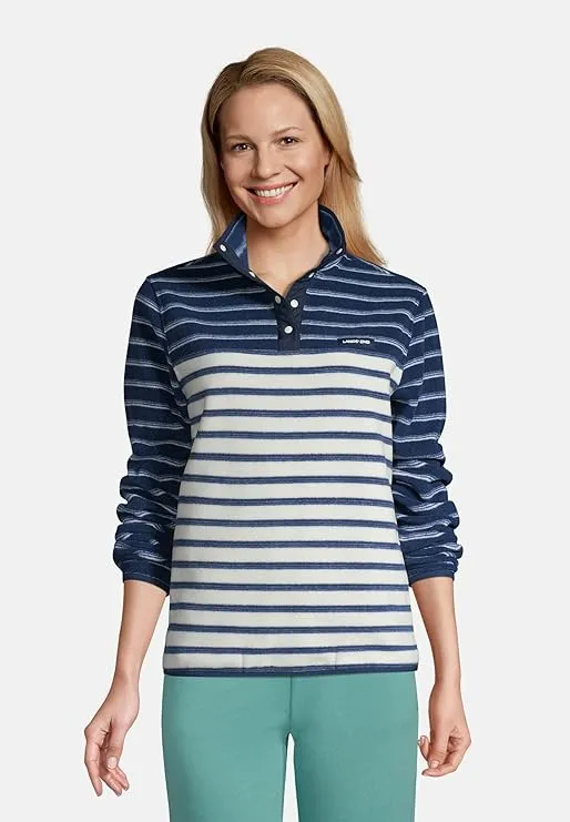 Lands' End Women's Snap Neck Heritage Fleece Pullover Deep Sea Navy Founders Stripe date night look product scarf warmth
