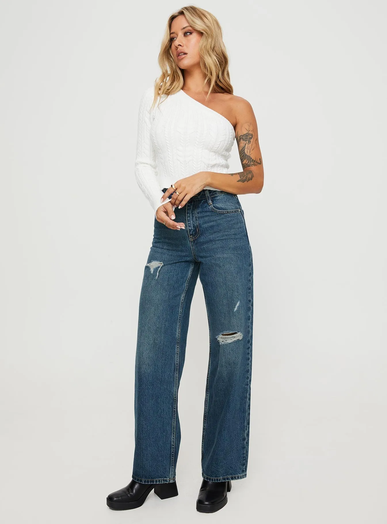 Elastic cuffs Beetle High Rise Wide Leg Ripped Jeans Mid Wash