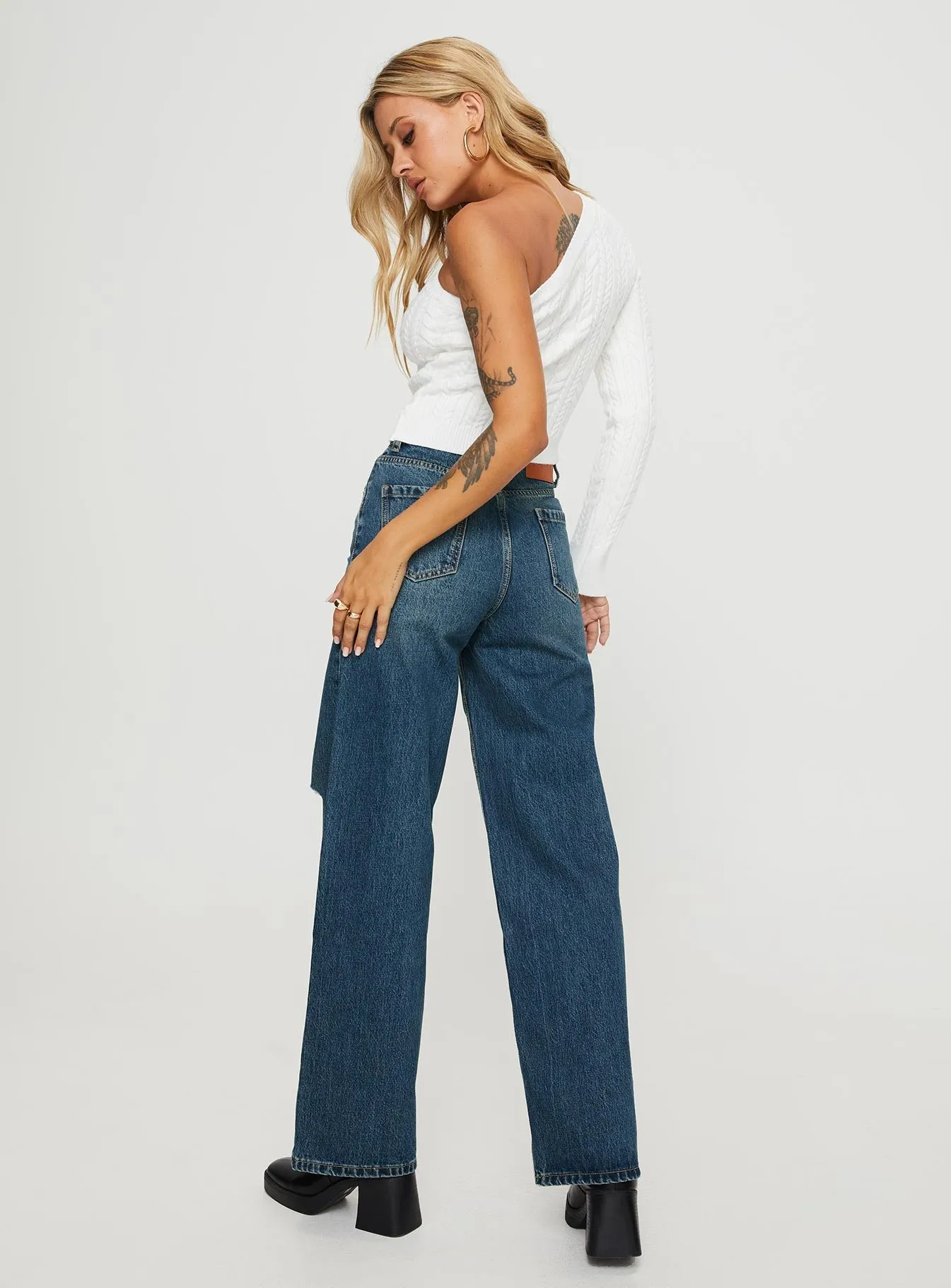 Beetle High Rise Wide Leg Ripped Jeans Mid Wash ButterySoftTexture