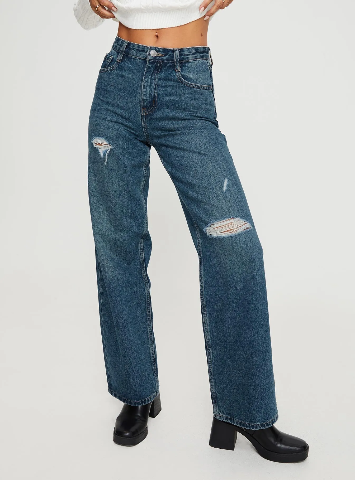 Beetle High Rise Wide Leg Ripped Jeans Mid Wash CompactFold