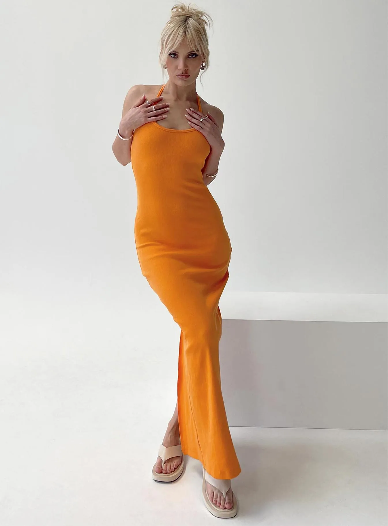 Karyssa Rib Maxi Dress Orange Texture Blend Feminine Touch