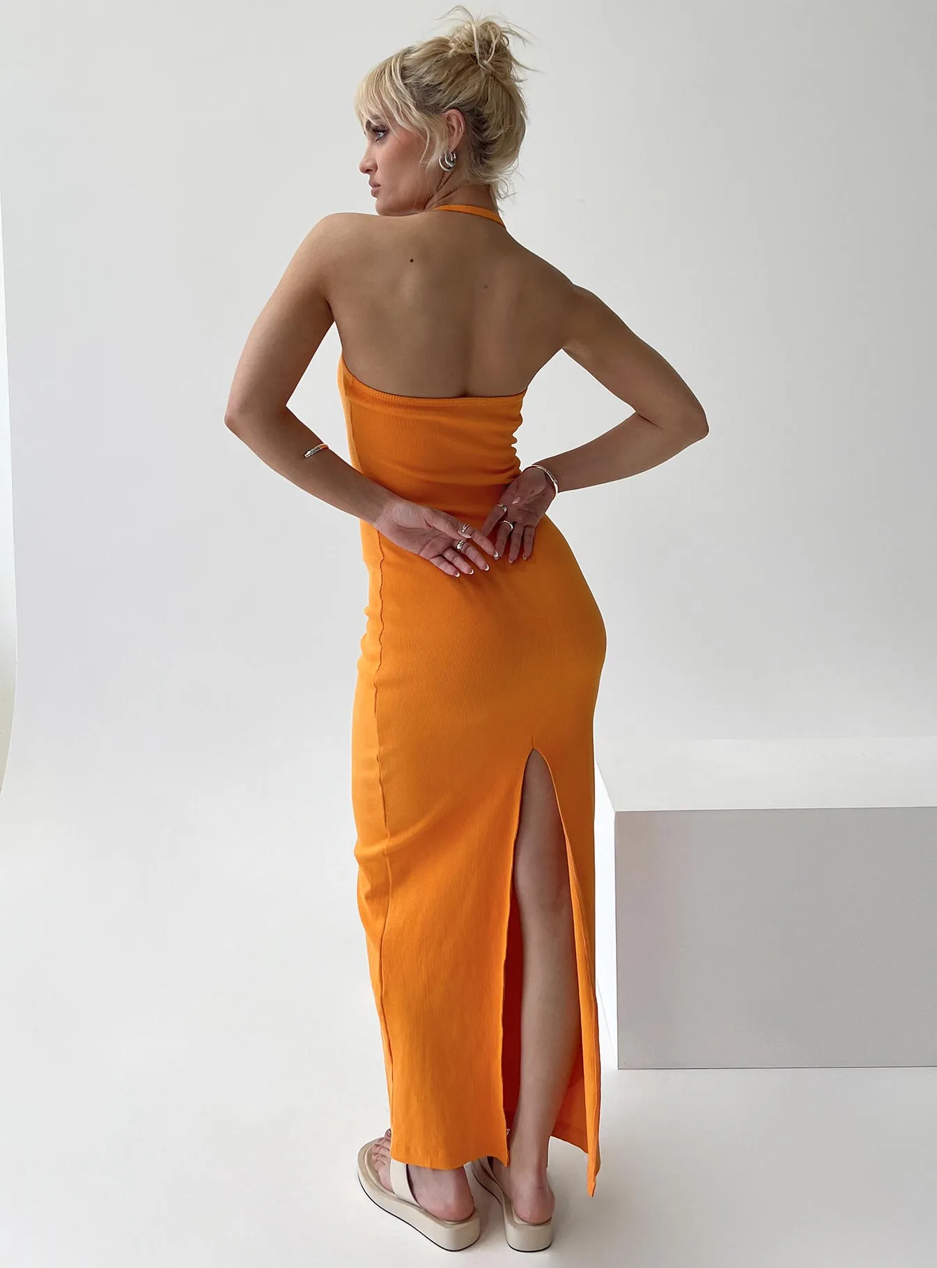 Karyssa Rib Maxi Dress Orange Textured Look Sleek long-sleeve dress
