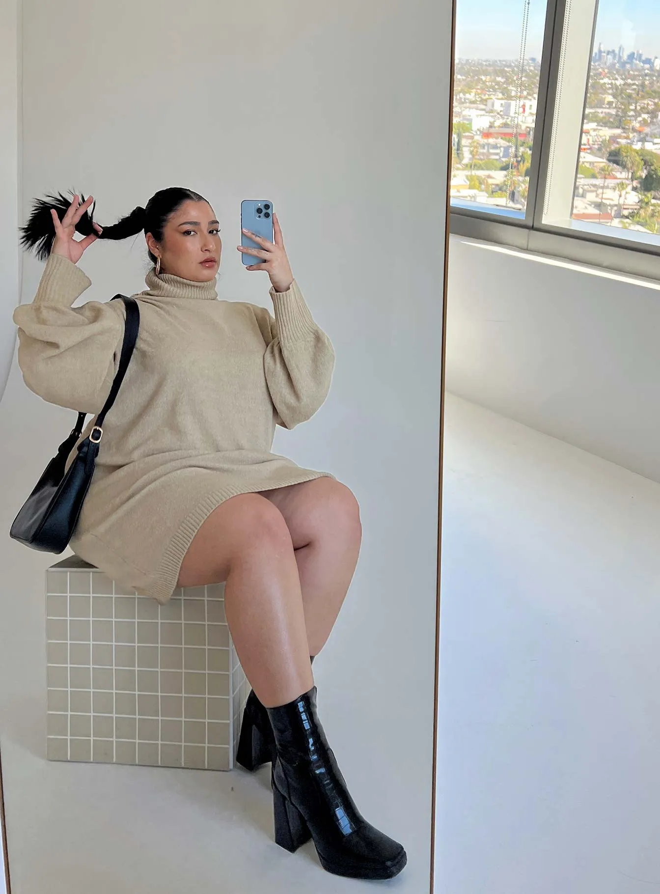 Smart Design Flowing Texture Zahara Mini Dress Beige Curve