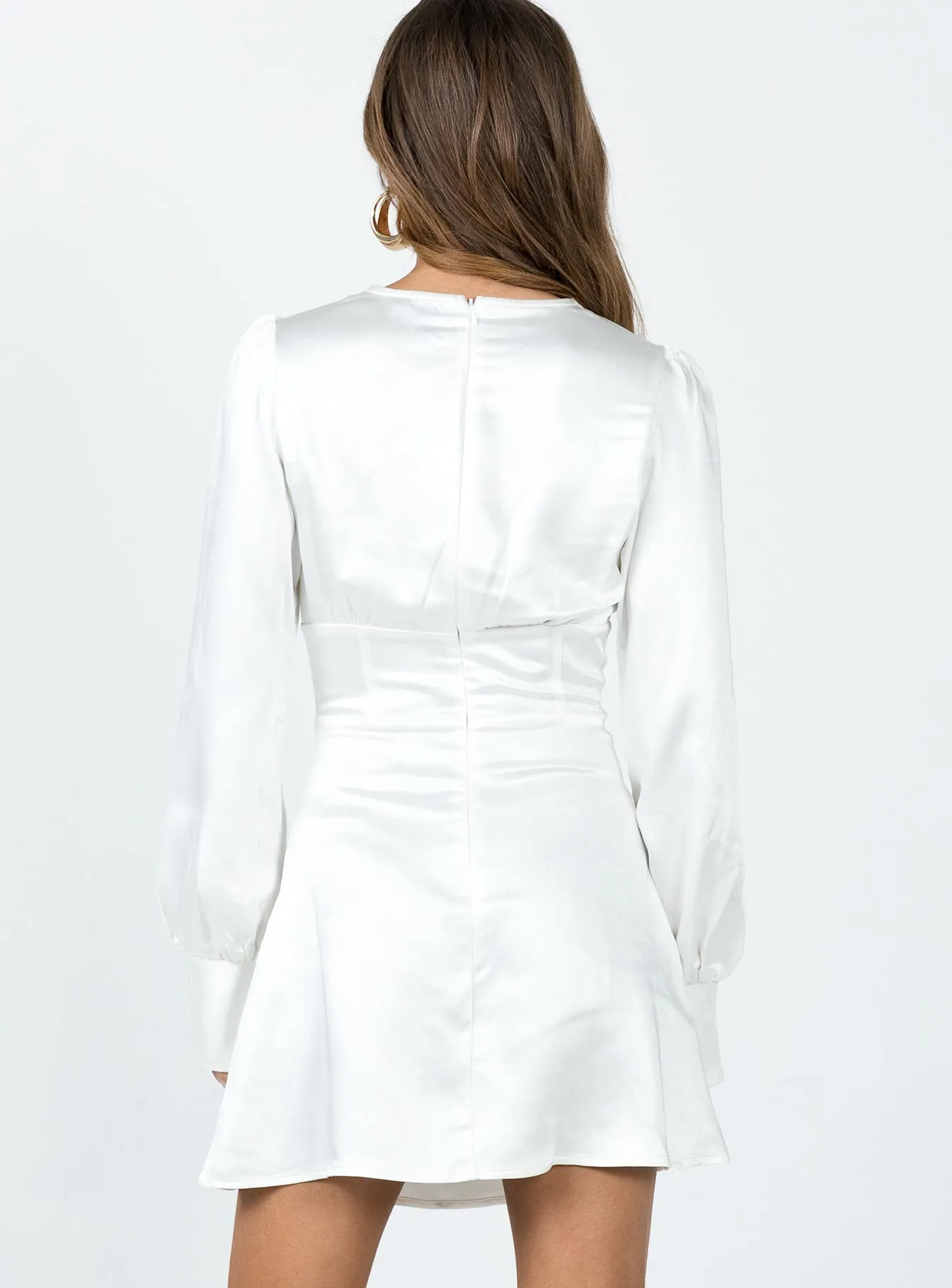 Jalene Satin Long Sleeve Mini Dress White Bust-Enhancing Smart Waistband Design