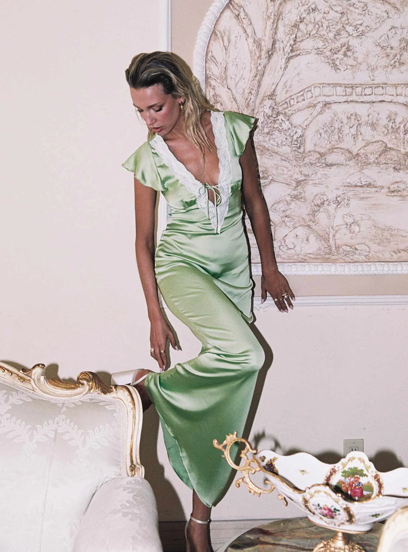 Artistic Edge Armas Lace Trim Maxi Dress Green