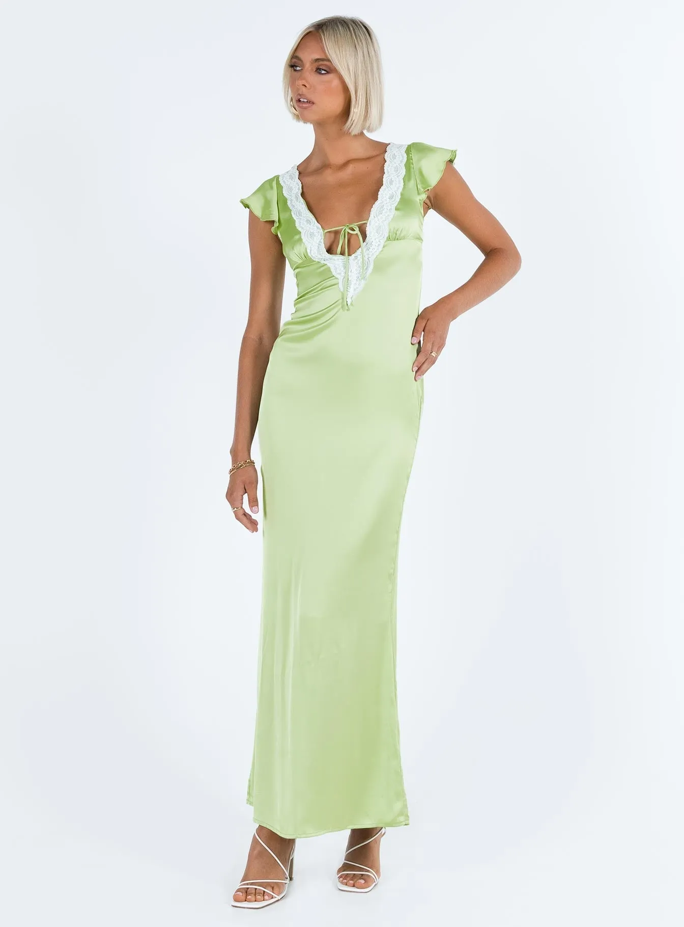 Trendy wrap gown Formed Look Armas Lace Trim Maxi Dress Green